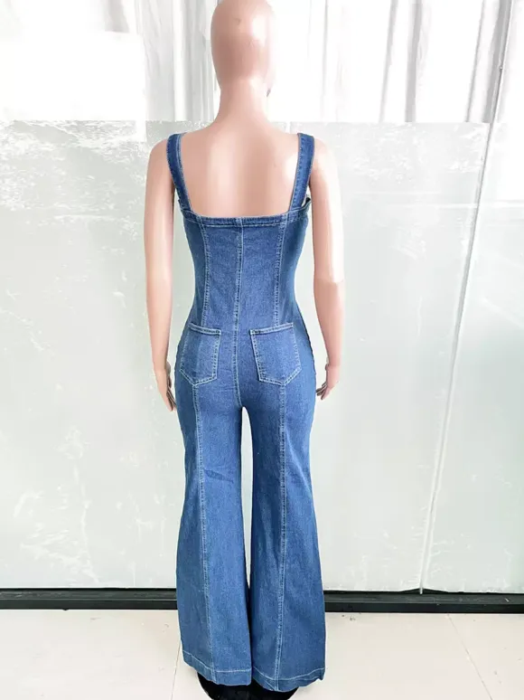 Sexy Denim Overalls For Women - Blue Retro Button Up Wide Leg Flare Jumpsuit - Summer Club Night Out Streetwear 2026