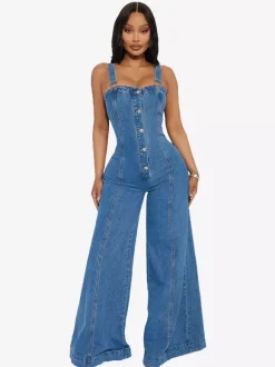Sexy Denim Overalls For Women - Blue Retro Button Up Wide Leg Flare Jumpsuit - Summer Club Night Out Streetwear 2026