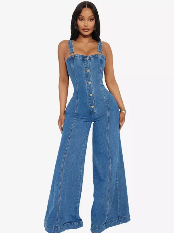 Sexy Denim Overalls For Women - Blue Retro Button Up Wide Leg Flare Jumpsuit - Summer Club Night Out Streetwear 2026