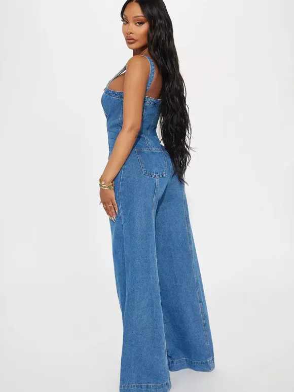 Sexy Denim Overalls For Women - Blue Retro Button Up Wide Leg Flare Jumpsuit - Summer Club Night Out Streetwear 2026