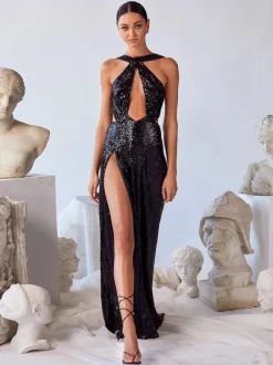 Sexy Dresses Halter Sequins Sleeveless Cutout High-slit Open Back Maxi Dress