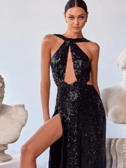 Sexy Dresses Halter Sequins Sleeveless Cutout High-slit Open Back Maxi Dress