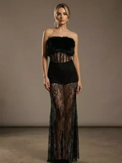 Sexy Faux Fur Lace Maxi Dress For Women - Black Strapless Corset Bodysuit Long Gown With Sheer Skirt - Summer Evening Party 2026