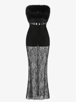 Sexy Faux Fur Lace Maxi Dress For Women - Black Strapless Corset Bodysuit Long Gown With Sheer Skirt - Summer Evening Party 2026