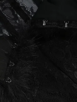 Sexy Faux Fur Lace Maxi Dress For Women - Black Strapless Corset Bodysuit Long Gown With Sheer Skirt - Summer Evening Party 2026