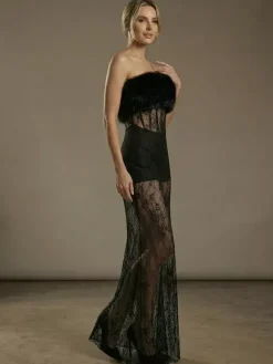 Sexy Faux Fur Lace Maxi Dress For Women - Black Strapless Corset Bodysuit Long Gown With Sheer Skirt - Summer Evening Party 2026