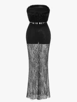 Sexy Faux Fur Lace Maxi Dress For Women - Black Strapless Corset Bodysuit Long Gown With Sheer Skirt - Summer Evening Party 2026