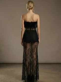 Sexy Faux Fur Lace Maxi Dress For Women - Black Strapless Corset Bodysuit Long Gown With Sheer Skirt - Summer Evening Party 2026