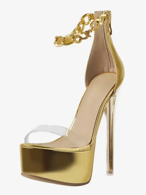 Sexy Heel Sandals Gold Platform Open Toe Stiletto Heel Ankle Strap Sandals