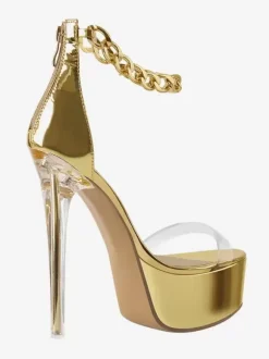 Sexy Heel Sandals Gold Platform Open Toe Stiletto Heel Ankle Strap Sandals