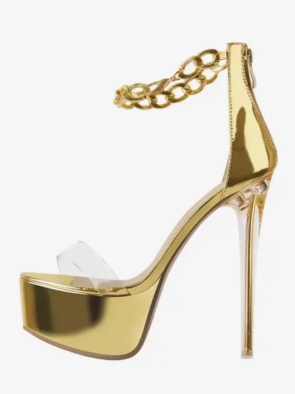 Sexy Heel Sandals Gold Platform Open Toe Stiletto Heel Ankle Strap Sandals