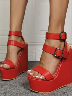 Sexy Heel Sandals Plus Size White PU Leather Wedge Heel Sexy Shoes Plus Size Shoes