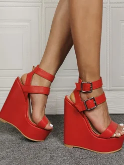 Sexy Heel Sandals Plus Size White PU Leather Wedge Heel Sexy Shoes Plus Size Shoes
