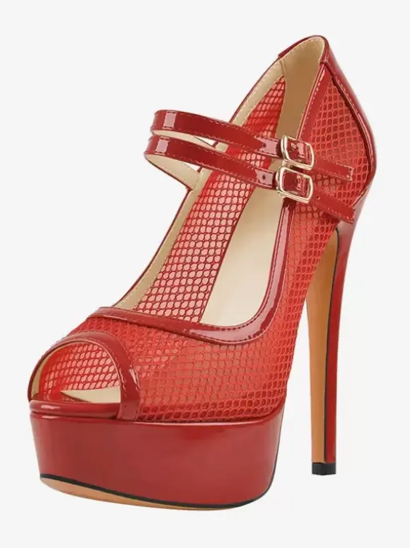 Sexy High Heels Mesh Peep Toe Strap Adjustable Buckle Pumps
