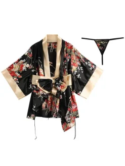 Sexy Kimono For Women Charming Floral Print Black Bedroom Costume 3-Piece Set