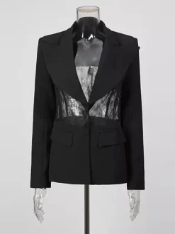Sexy Lace Patchwork Blazer For Women - Black Gothic Sheer Mesh Waist Slim Fit Suit Jacket - Spring Evening Party 2026