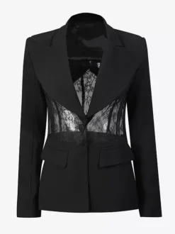 Sexy Lace Patchwork Blazer For Women - Black Gothic Sheer Mesh Waist Slim Fit Suit Jacket - Spring Evening Party 2026