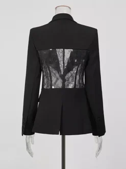 Sexy Lace Patchwork Blazer For Women - Black Gothic Sheer Mesh Waist Slim Fit Suit Jacket - Spring Evening Party 2026
