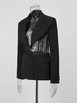Sexy Lace Patchwork Blazer For Women - Black Gothic Sheer Mesh Waist Slim Fit Suit Jacket - Spring Evening Party 2026