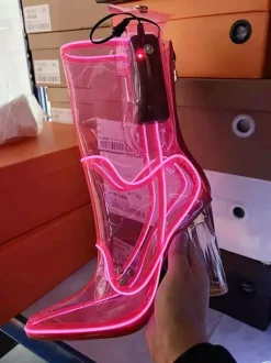 Sexy Light Up Boots Pointed Toe Chunky Heel Ankle Boots Without Battery