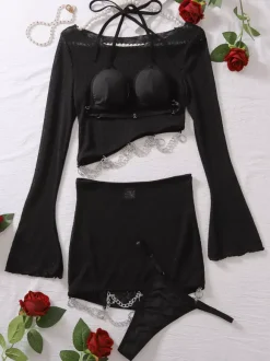 Sexy Lingerie Black 4-Piece Adult's Bra & Panty Sets