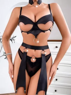 Sexy Lingerie Cut-Out Bra Sets Black 3-Piece Adult's Chic Bra Panty Sets