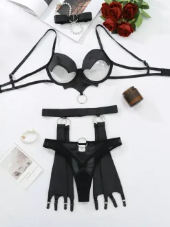 Sexy Lingerie Cut-Out Bra Sets Black 3-Piece Adult's Chic Bra Panty Sets