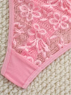 Sexy Lingerie 2-Piece Floral Print Sheer Buttons Pink Bra Panty Sets