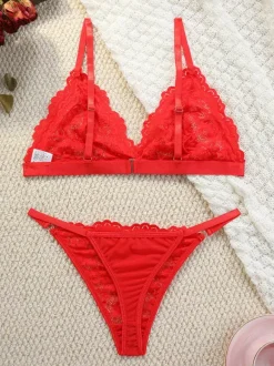 Sexy Lingerie 2-Piece Floral Print Sheer Buttons Pink Bra Panty Sets
