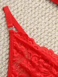 Sexy Lingerie 2-Piece Floral Print Sheer Buttons Pink Bra Panty Sets