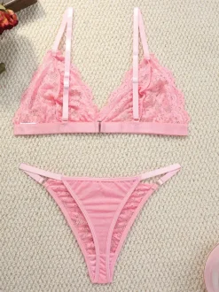 Sexy Lingerie 2-Piece Floral Print Sheer Buttons Pink Bra Panty Sets