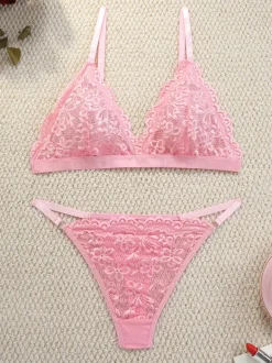 Sexy Lingerie 2-Piece Floral Print Sheer Buttons Pink Bra Panty Sets