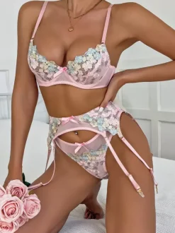 Sexy Lingerie 3-Piece Flowers Pink Bra Panty Sets
