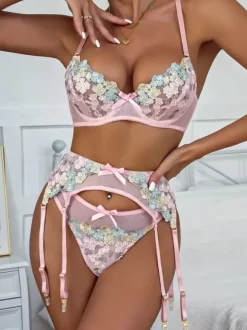 Sexy Lingerie 3-Piece Flowers Pink Bra Panty Sets