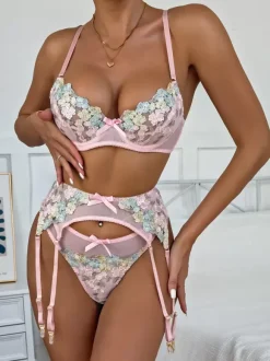 Sexy Lingerie 3-Piece Flowers Pink Bra Panty Sets