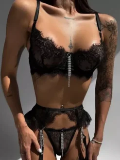 Sexy Lingerie 3-Piece Lace Black Adult's Bra & Panty Sets