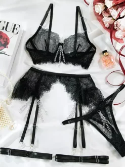 Sexy Lingerie 3-Piece Lace Black Adult's Bra & Panty Sets