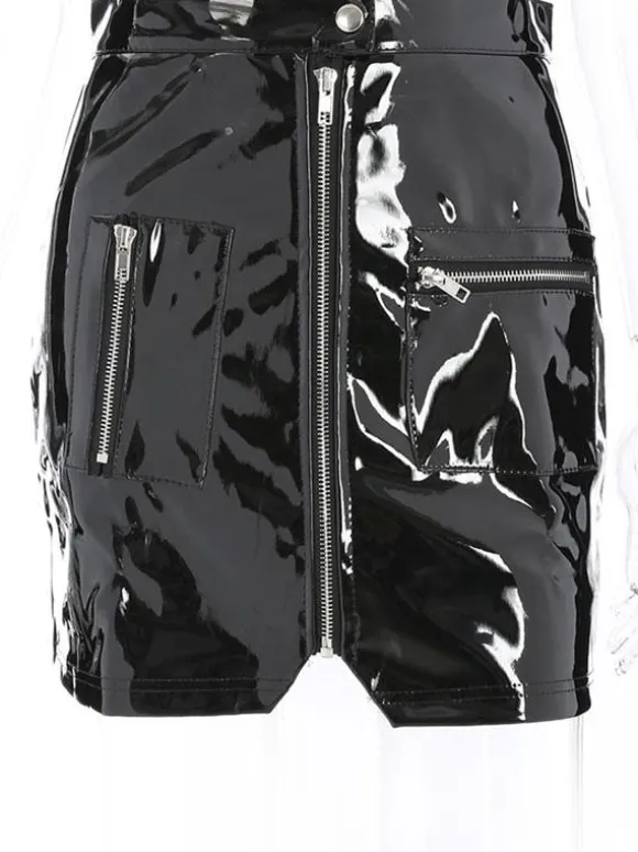 Sexy Mini Skirt PU Leather Like Zipper Short Bodycon Skirt With Pockets