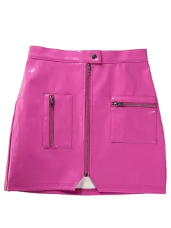 Sexy Mini Skirt PU Leather Like Zipper Short Bodycon Skirt With Pockets