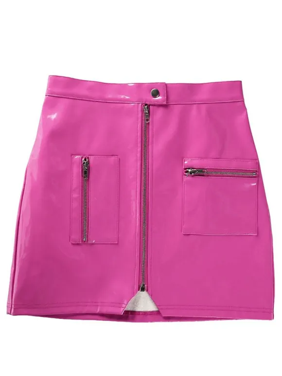 Sexy Mini Skirt PU Leather Like Zipper Short Bodycon Skirt With Pockets