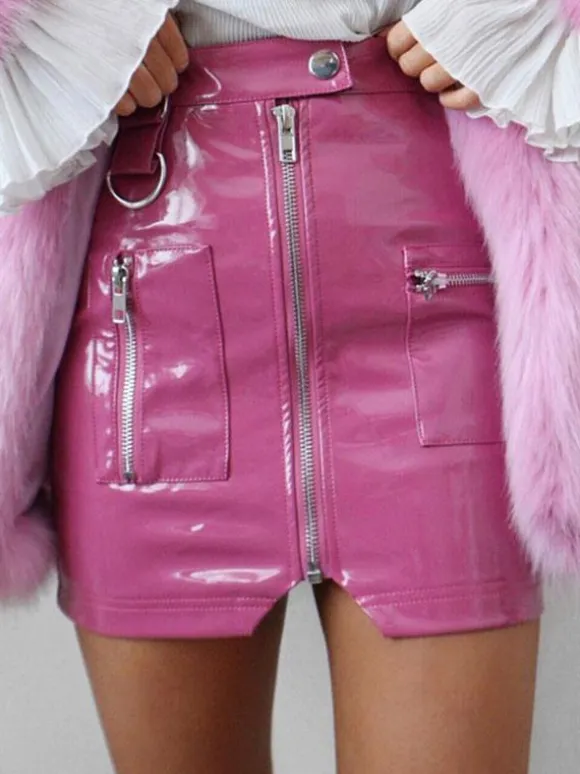 Sexy Mini Skirt PU Leather Like Zipper Short Bodycon Skirt With Pockets