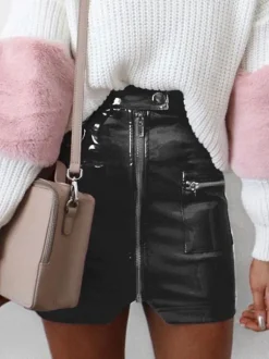 Sexy Mini Skirt PU Leather Like Zipper Short Bodycon Skirt With Pockets