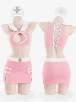 Sexy Nurse Costume Halloween Pink Women's Polyester Set T-back Headwear