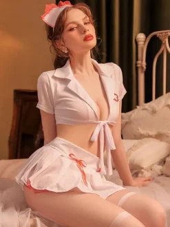 Sexy Nurse Costume Halloween White Women's Polyester T-back Top