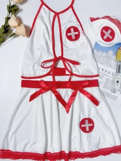 Sexy Nurse Costume Halloween White Women's Two-Tone Top Skirt