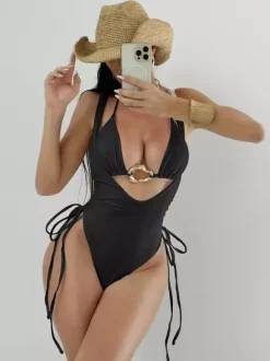 Sexy 2 Piece Swimsuit For Women - Halter Neck Ring Front Bikini Top & Ruched Side Tie Monokini - Summer Beach 2026