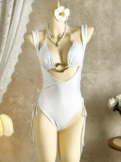 Sexy 2 Piece Swimsuit For Women - Halter Neck Ring Front Bikini Top & Ruched Side Tie Monokini - Summer Beach 2026