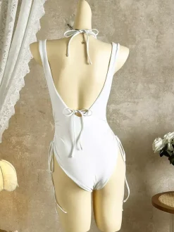 Sexy 2 Piece Swimsuit For Women - Halter Neck Ring Front Bikini Top & Ruched Side Tie Monokini - Summer Beach 2026