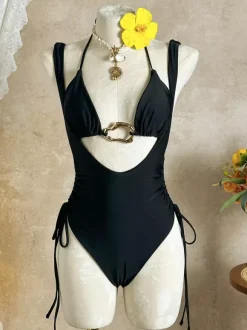 Sexy 2 Piece Swimsuit For Women - Halter Neck Ring Front Bikini Top & Ruched Side Tie Monokini - Summer Beach 2026