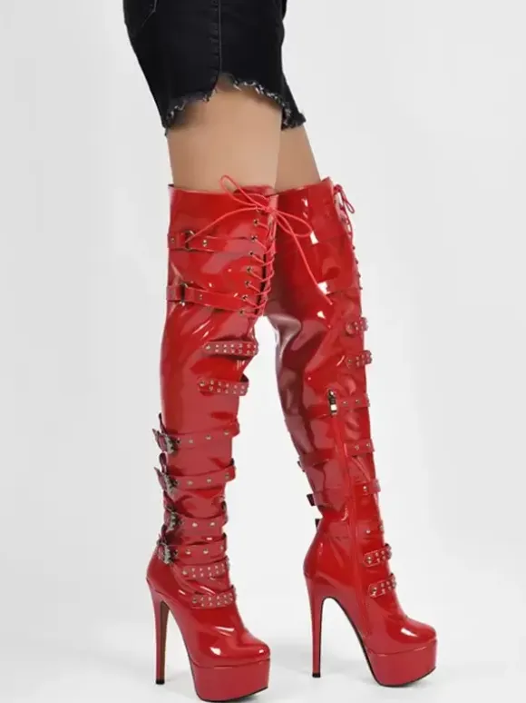 Sexy Platform Over The Knee Boots Buckle Detail Stiletto Heel Thigh High Boots